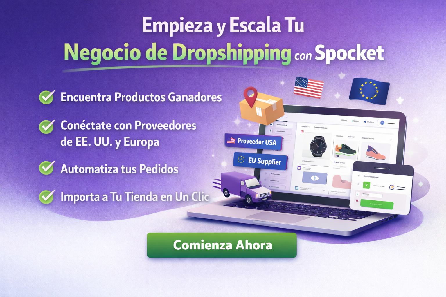 Portátil mostrando un panel de tienda online con listados de productos, opciones de proveedores y herramientas automatizadas de comercio electrónico