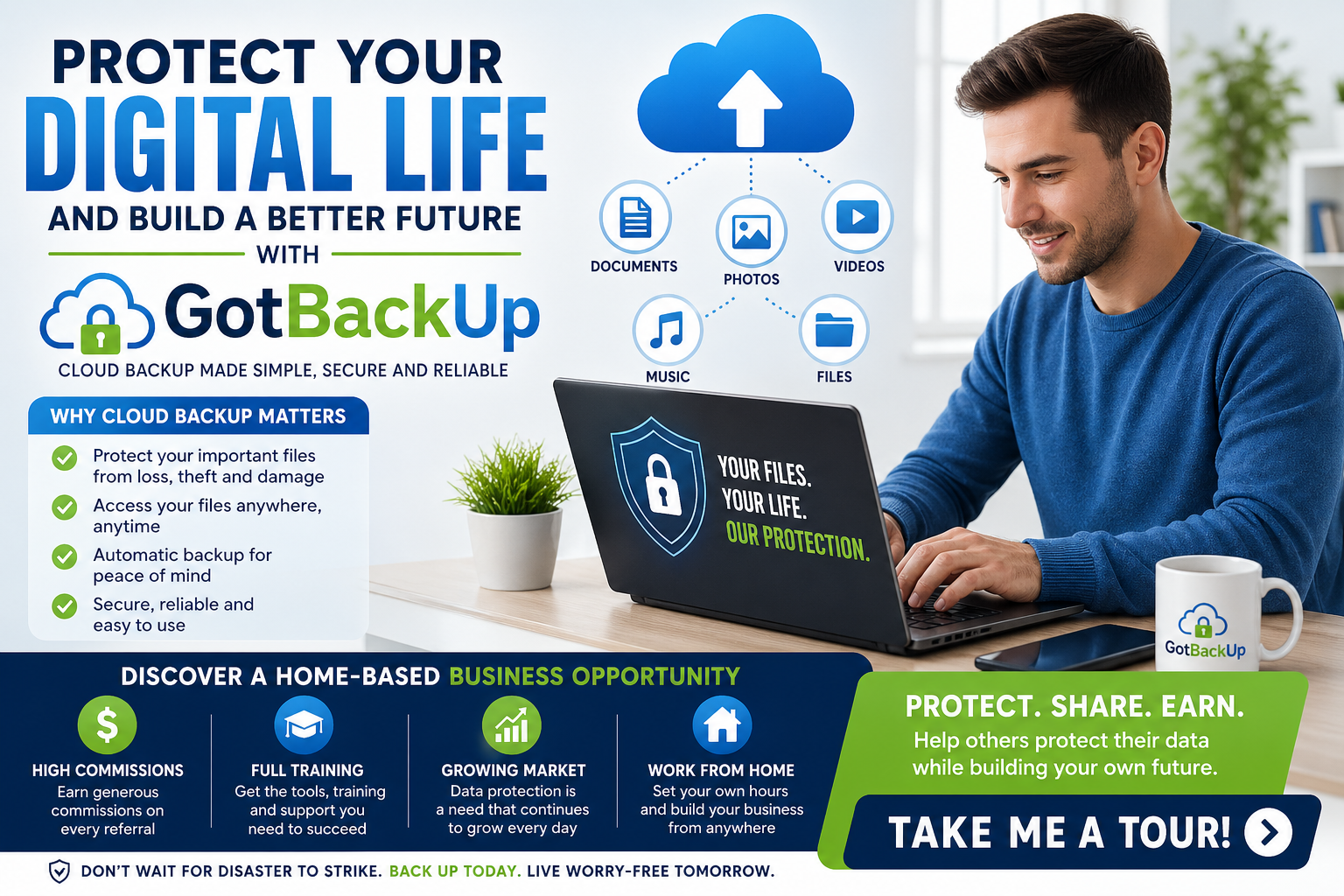 A professional home-based entrepreneur using a laptop with cloud backup icons, digital files, and security symbols representing GotBackUp data protection and business opportunity.