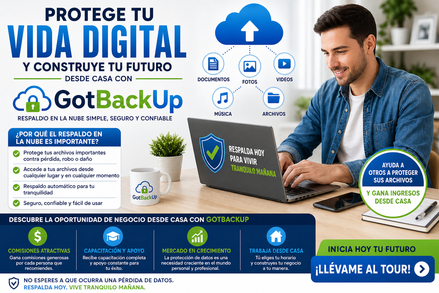 Un emprendedor profesional trabajando desde casa en una laptop con íconos de respaldo en la nube, archivos digitales y símbolos de seguridad que representan la protección de datos y la oportunidad de negocio de GotBackUp.