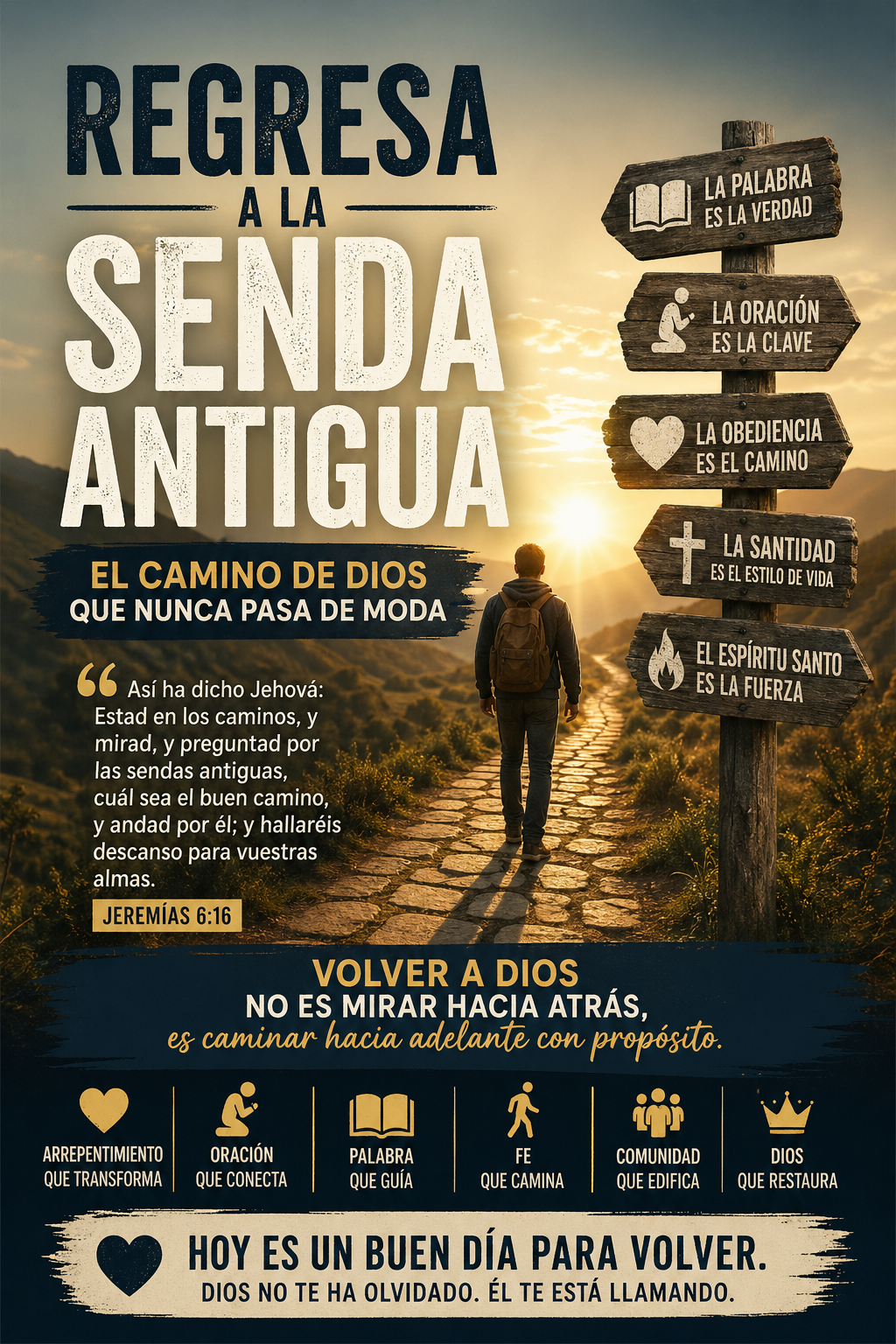 Una persona caminando por un sendero de piedra iluminado por el amanecer, junto a un letrero rústico de madera con mensajes cristianos sobre la oración, la obediencia, la santidad, la Palabra y el Espíritu Santo.