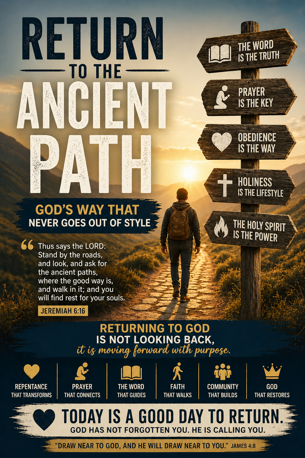 A person walking on a sunlit stone path toward a sunrise, beside a rustic wooden signpost with Christian messages about prayer, obedience, holiness, the Word, and the Holy Spirit.