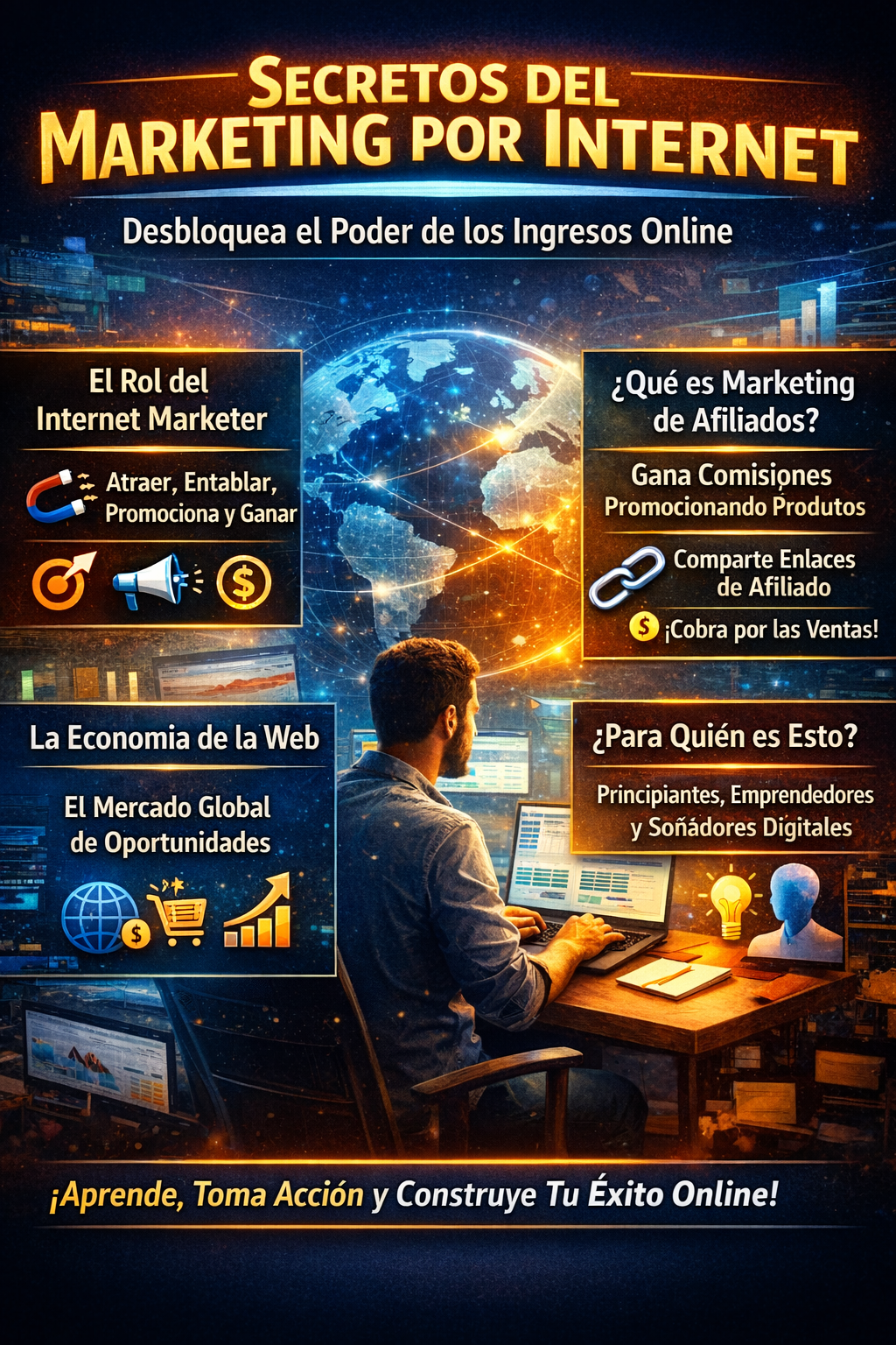 Una escena profesional de marketing digital con una persona trabajando en línea, gráficos, enlaces de afiliados y conexiones de negocios globales por internet.