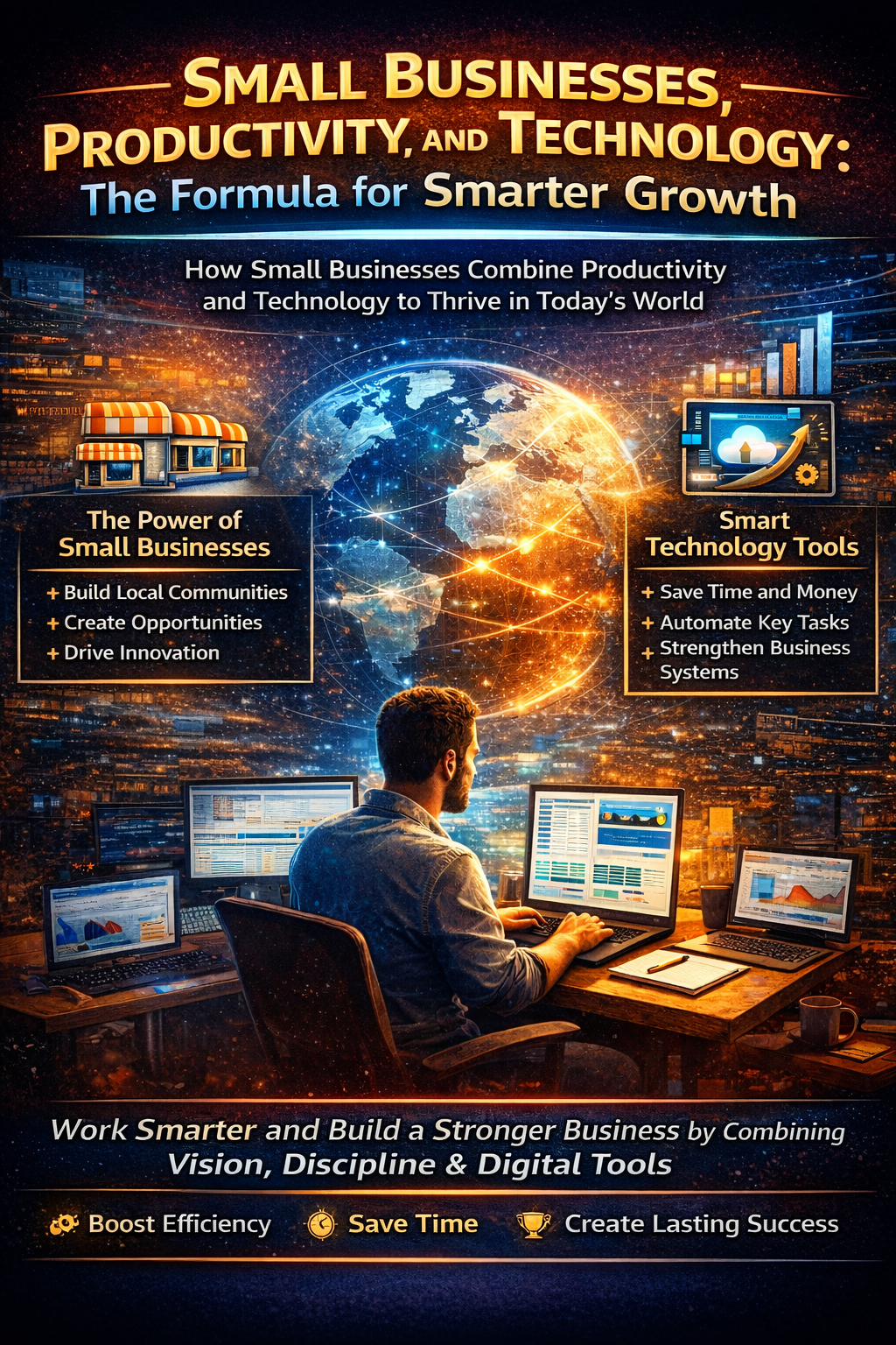 A professional digital business image showing a small business owner using technology, productivity systems, and data tools to build smarter growth and long-term success.