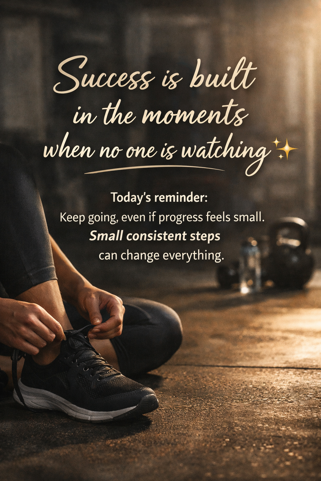 Motivational image of a person tying their shoe in a gym with the quote “Success is built in the moments when no one is watching” and a reminder about small consistent progress.