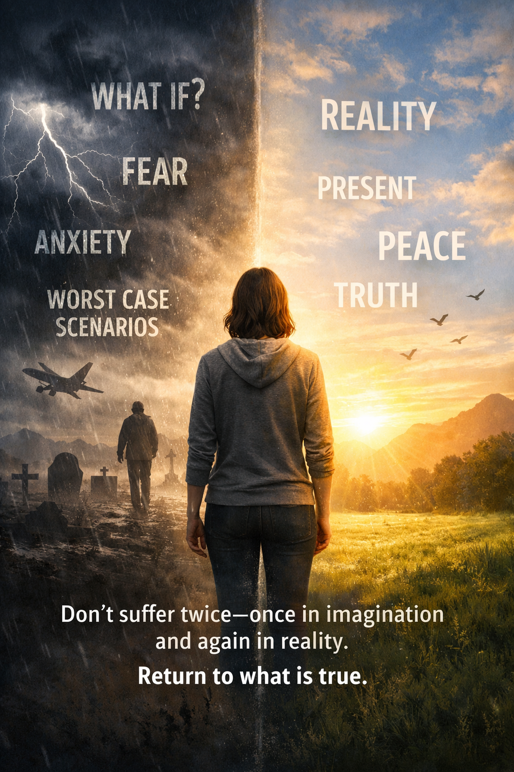 A calm reflective image representing the difference between imagined suffering and real-life challenges, with a peaceful person standing between darkness and light.