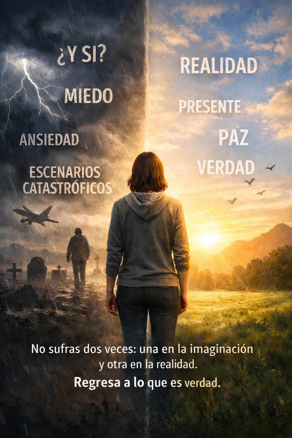 Una imagen tranquila y reflexiva que representa la diferencia entre el sufrimiento imaginado y los desafíos reales de la vida, con una persona en paz entre la oscuridad y la luz.