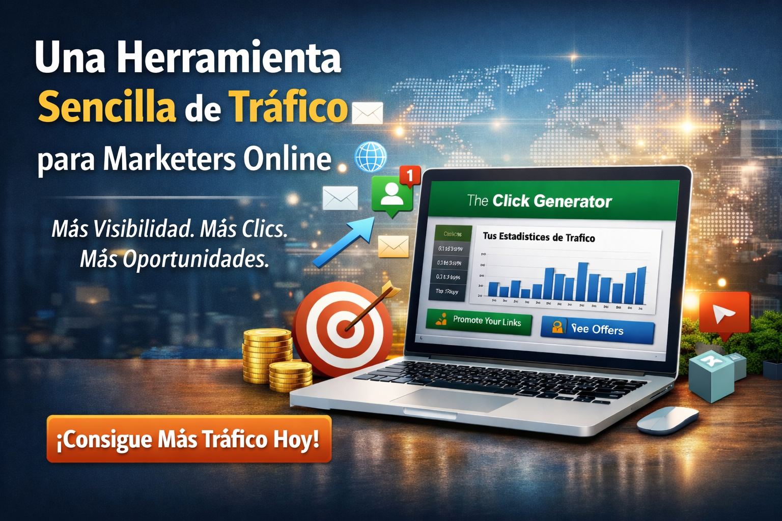 Computadora portátil mostrando una plataforma de generación de tráfico para afiliados y emprendedores digitales