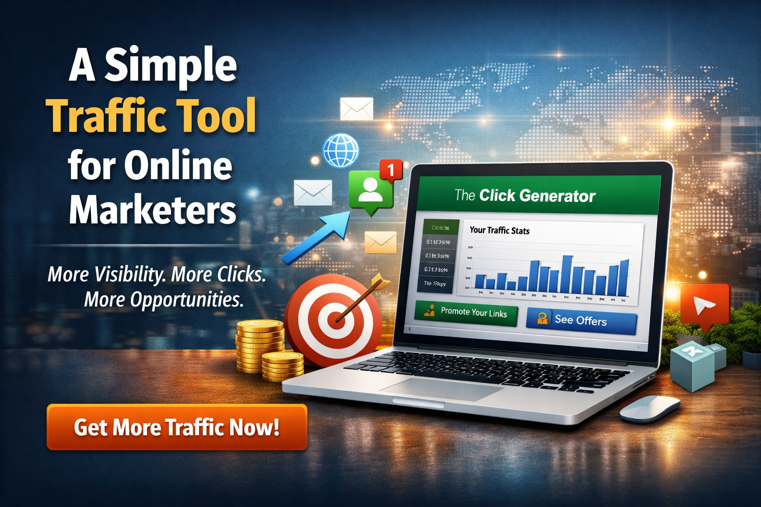 Laptop displaying a traffic generation platform for affiliate marketers and online business owners