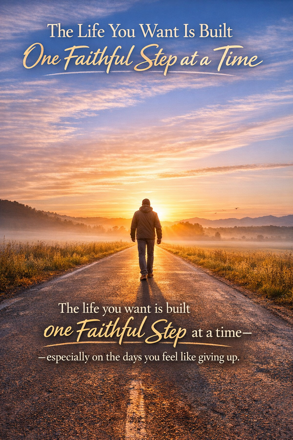 A person walking forward on a quiet road at sunrise, symbolizing perseverance, faith, and building a better life one step at a time.