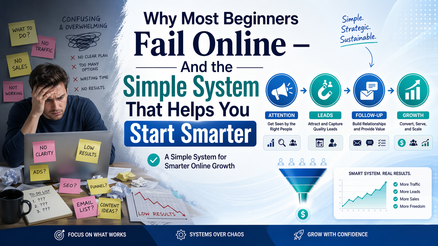 Promotional marketing image in English for a digital marketing article showing why many beginners fail online and presenting a simple system to start smarter, with visual elements representing focus, consistency, growth, and better results.
