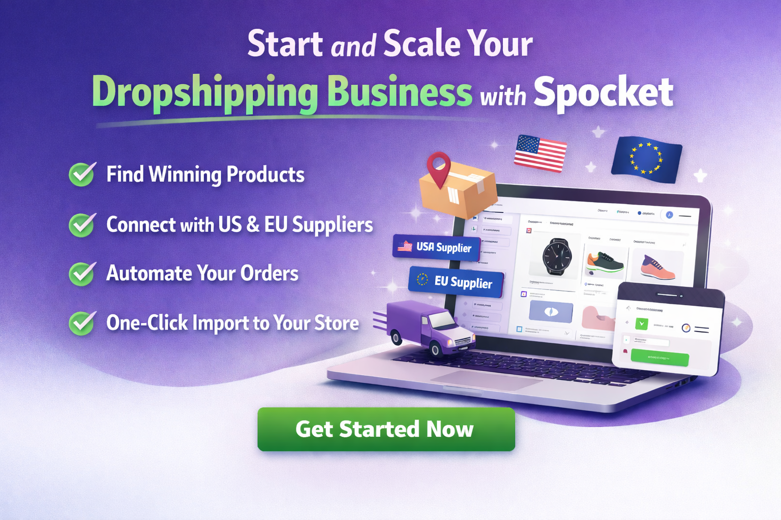 Laptop showing an online store dashboard with product listings, supplier options, and automated ecommerce tools