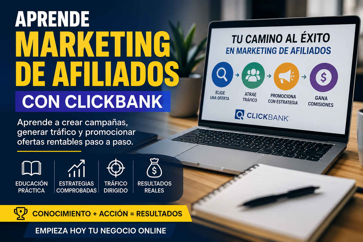 Banner profesional de marketing de afiliados en español con una laptop mostrando pasos para crear campañas con ClickBank, tráfico dirigido, promoción estratégica y educación digital.