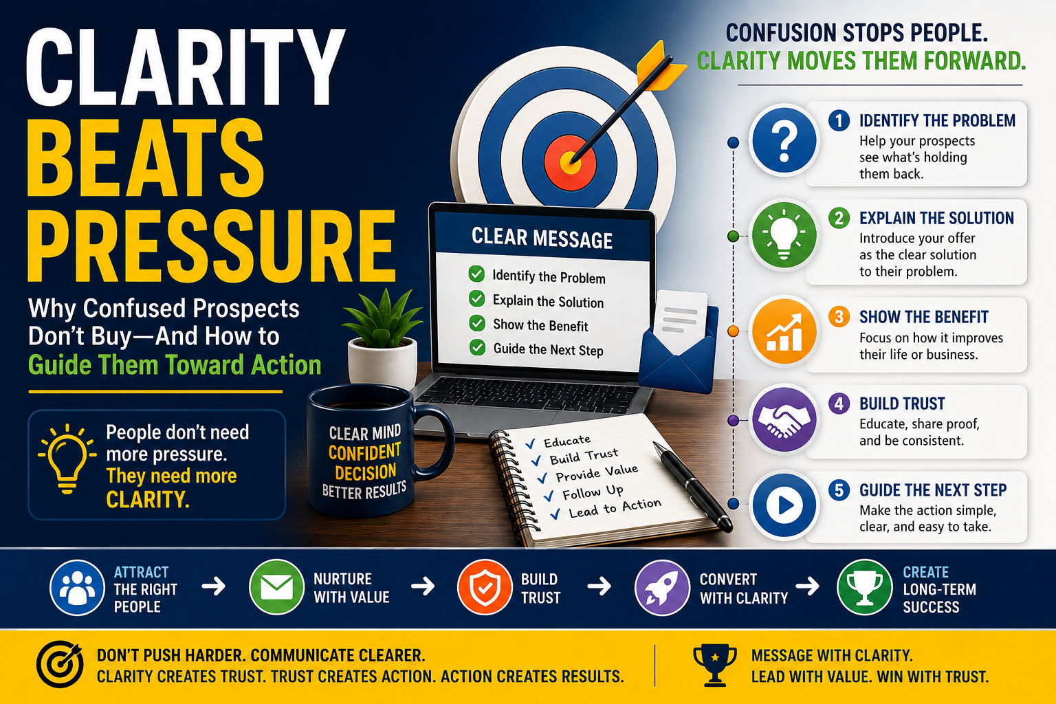 Professional marketing infographic showing how clear messaging helps guide confused online prospects toward trust, confidence, and action.