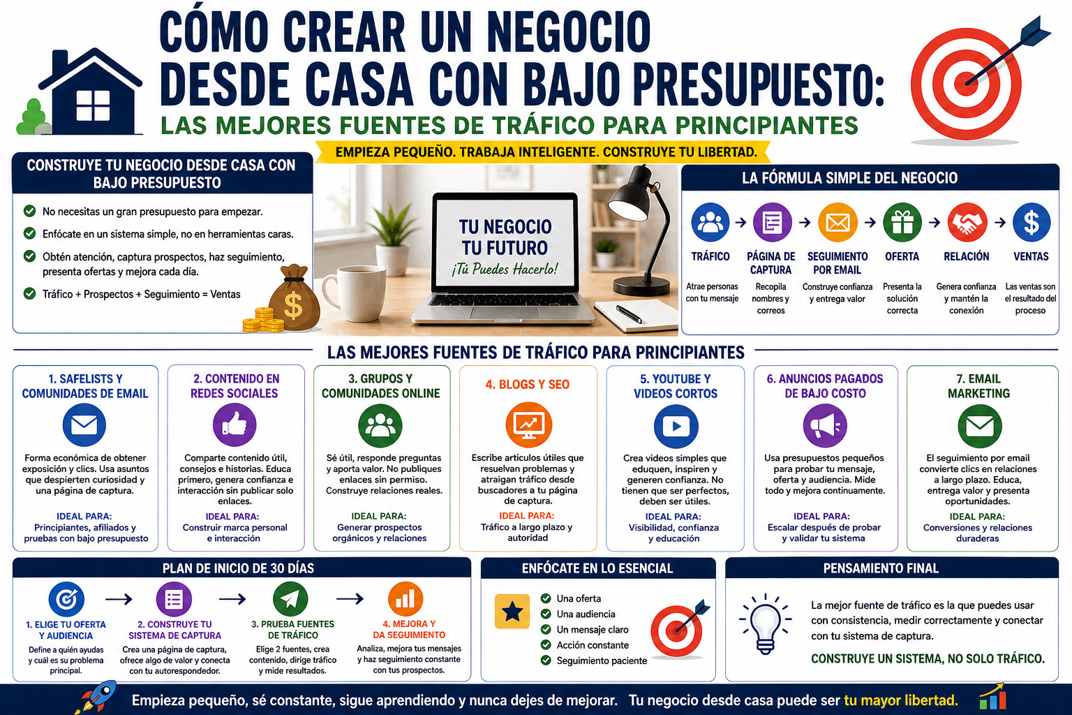 Infografía que muestra cómo los principiantes pueden crear un negocio desde casa con bajo presupuesto usando fuentes de tráfico económicas, páginas de captura, seguimiento por email y un plan inicial de 30 días.