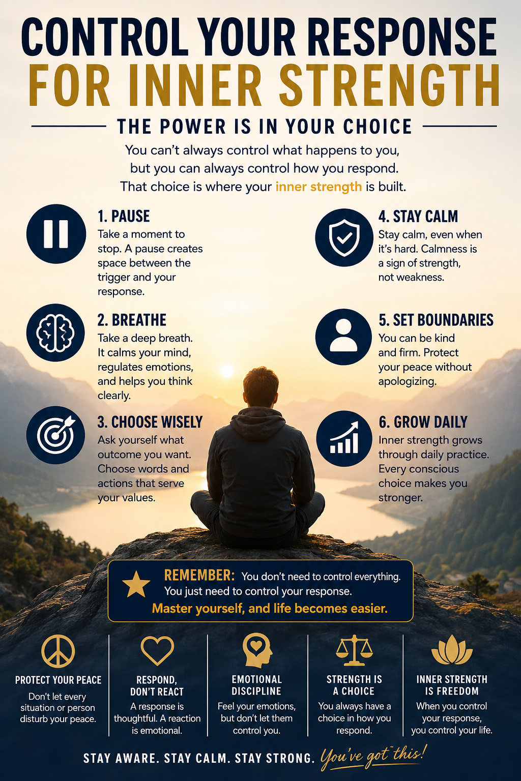 A motivational infographic showing a peaceful person sitting on a mountain rock at sunrise, teaching how to pause, breathe, stay calm, set boundaries, and choose inner strength through self-control.