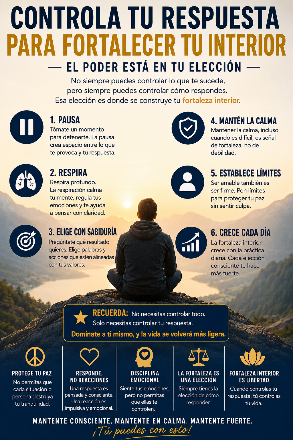 Infografía motivacional en español con una persona sentada en una roca frente a un amanecer en las montañas, enseñando a pausar, respirar, mantener la calma, establecer límites y desarrollar fortaleza interior mediante el dominio propio.