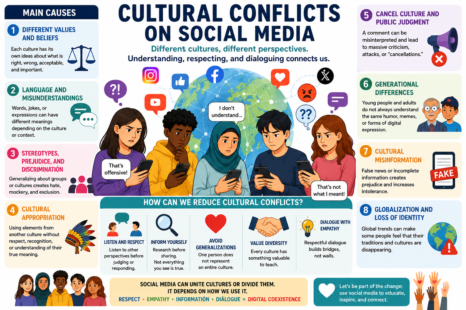 Infographic showing diverse people using social media while facing cultural misunderstandings, stereotypes, language barriers, cancel culture, and misinformation, with tips to promote respect, empathy, and dialogue online.