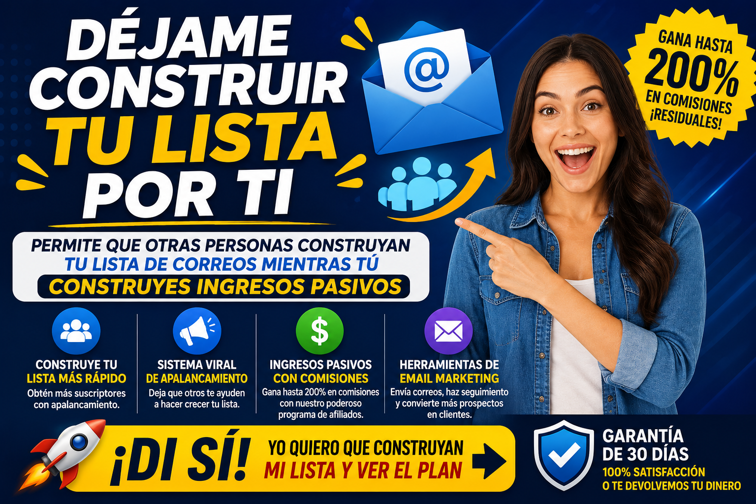 Banner promocional de marketing digital con una mujer sonriente señalando un ícono de correo electrónico, promoviendo un sistema para construir una lista de correos, usar apalancamiento viral y crear oportunidades de ingresos pasivos.