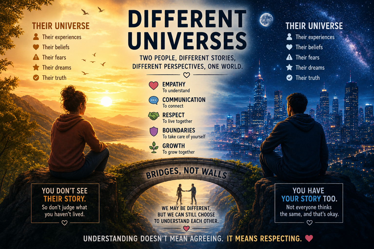Split illustration showing two different worlds, one warm and natural and the other cosmic and urban, with two reflective people representing different perspectives connected by a bridge of empathy, communication, and respect.