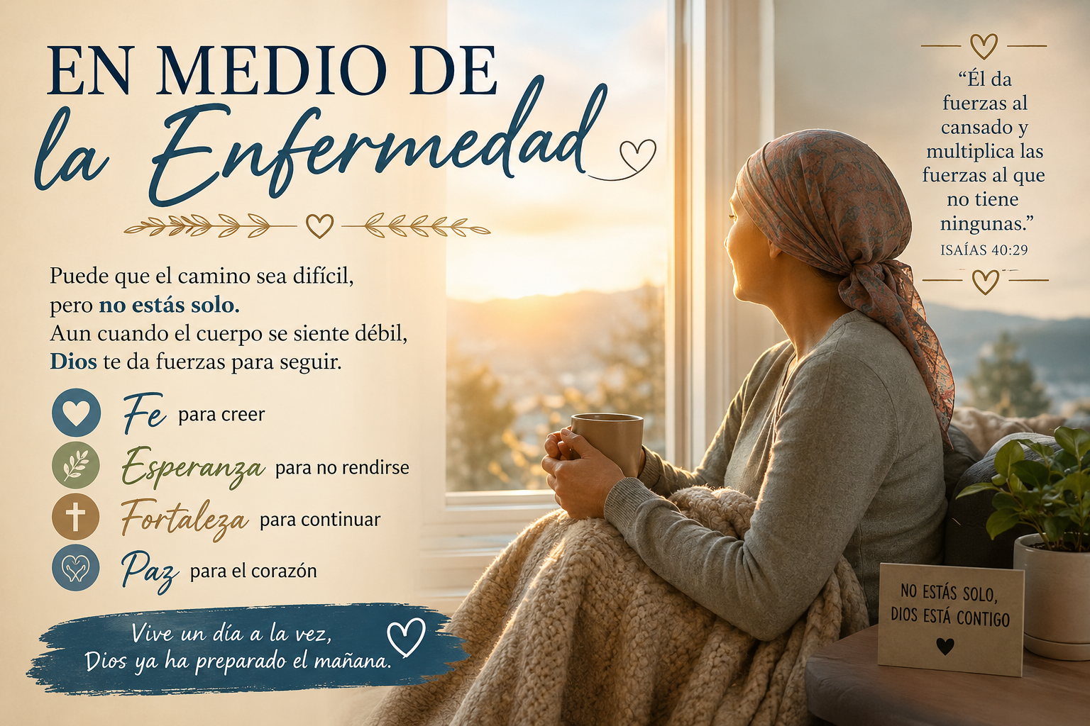 Persona sentada junto a una ventana con luz suave, reflejando esperanza, fe y fortaleza interior en medio de la enfermedad.