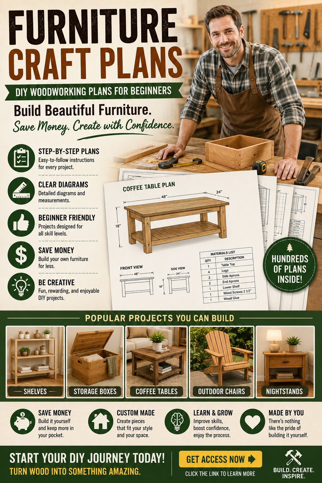 Promotional image for Furniture Craft Plans showing a smiling carpenter in a workshop, woodworking diagrams, furniture project examples, and benefits for beginners who want to build DIY furniture.
