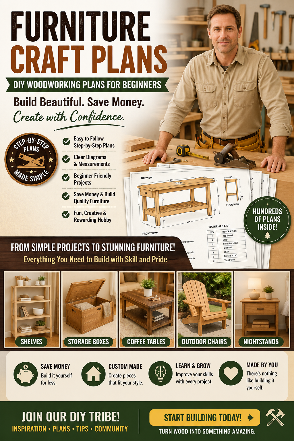 Promotional image for Furniture Craft Plans showing a carpenter in a workshop, woodworking diagrams, furniture project examples, and beginner-friendly DIY woodworking benefits.