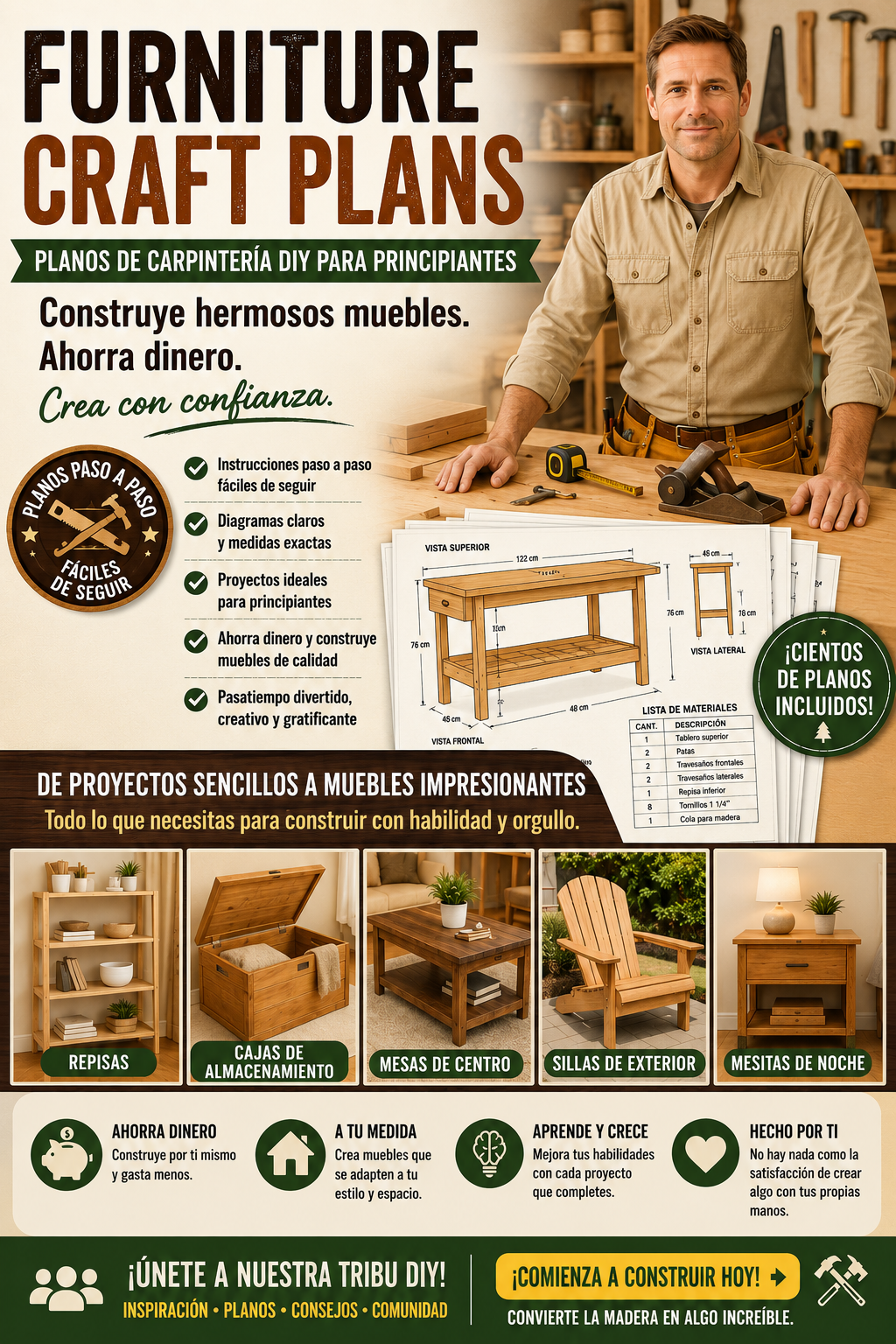 Imagen promocional de Furniture Craft Plans con un carpintero en un taller, diagramas de carpintería, ejemplos de muebles y beneficios para principiantes en proyectos DIY.