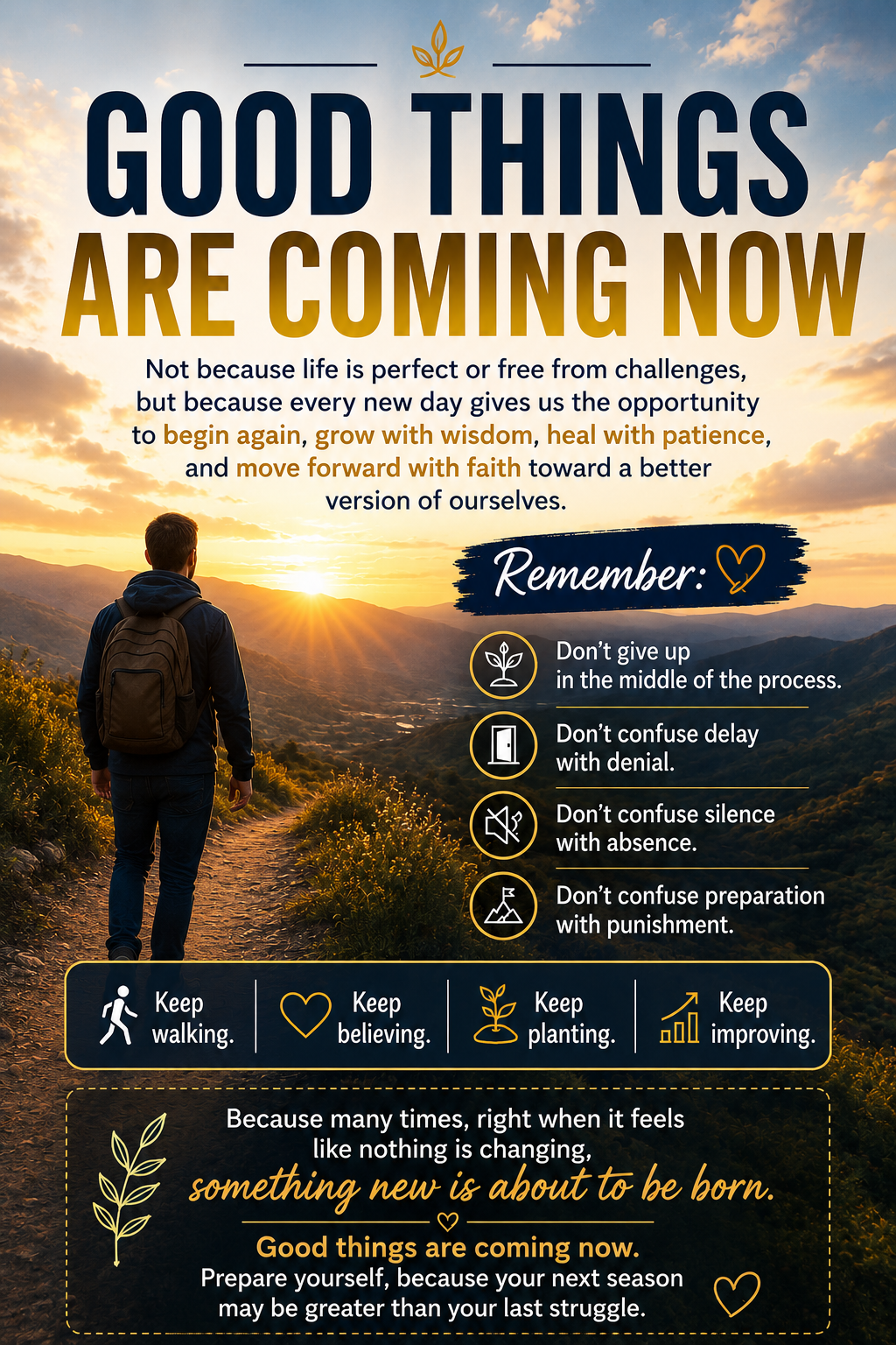 Vertical motivational image showing a person walking on a trail toward a sunrise over the mountains, with the message “Good Things Are Coming Now,” symbolizing hope, faith, personal growth, resilience, and new beginnings.