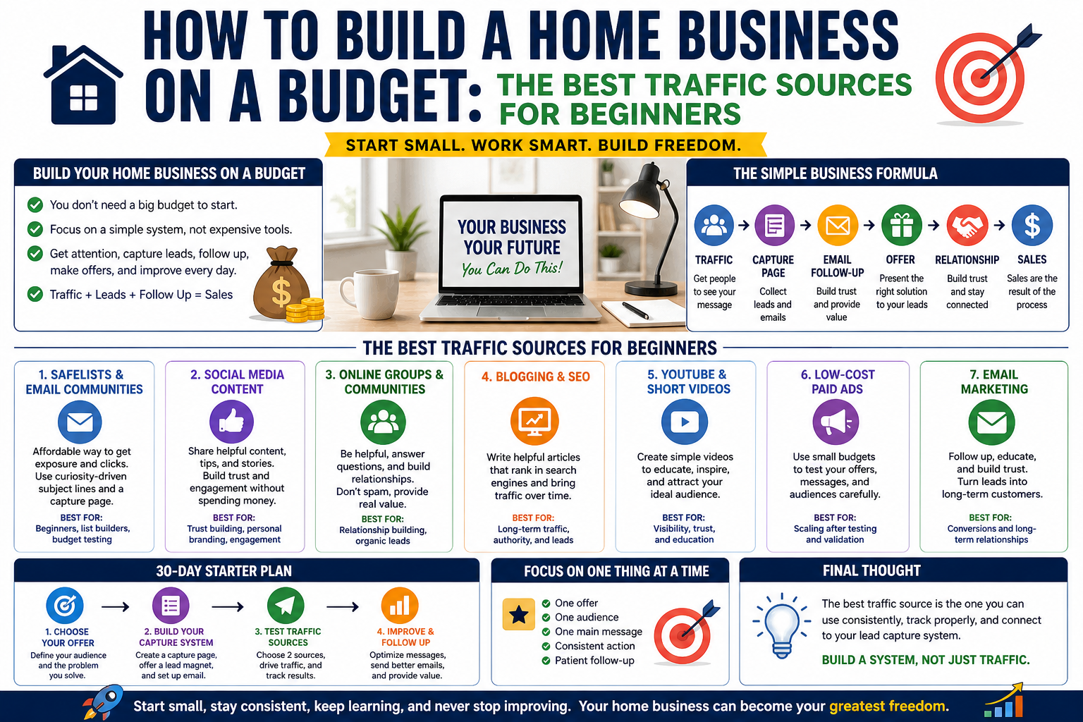 Infographic showing how beginners can build a home business on a budget using affordable traffic sources, lead capture pages, email follow-up, and a simple 30-day starter plan.