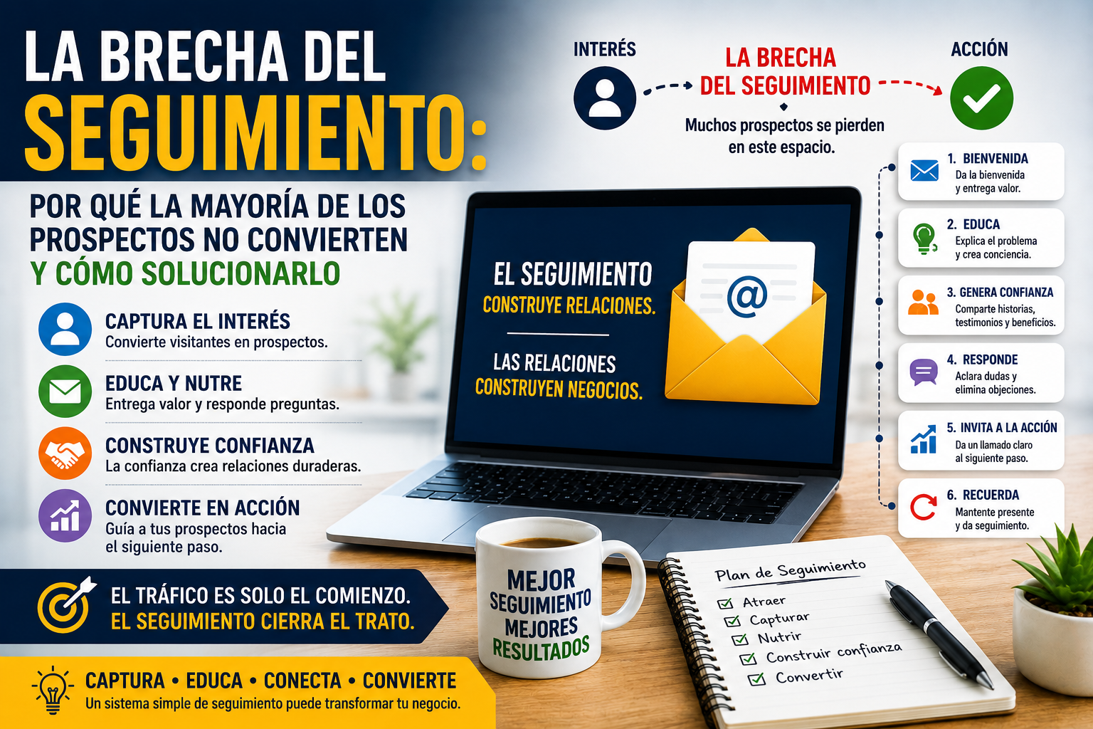 Infografía profesional de marketing que muestra el recorrido desde el interés de un prospecto online hasta la acción mediante seguimiento por email, educación, confianza y conversión