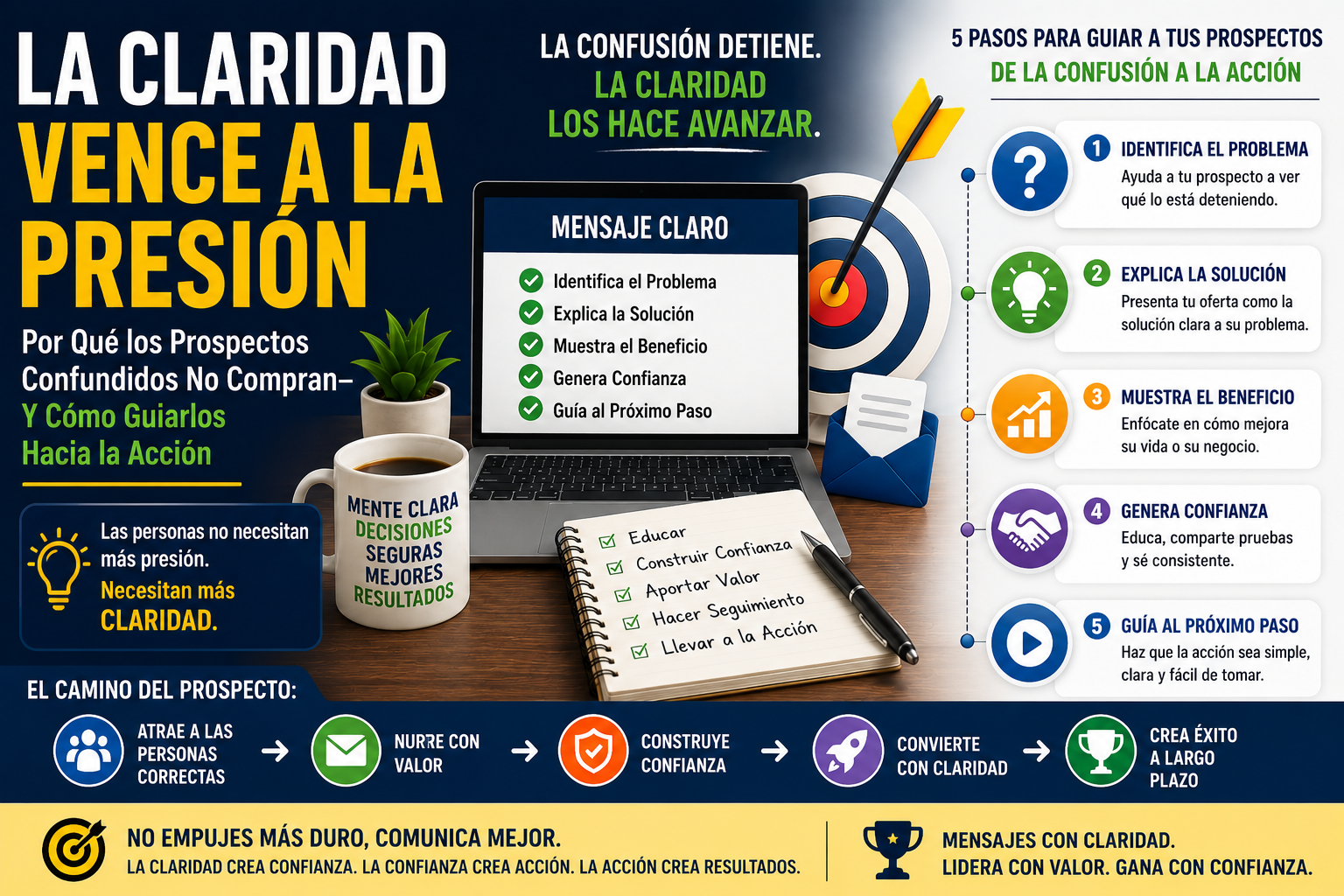 Infografía profesional de marketing que muestra cómo un mensaje claro ayuda a guiar a prospectos confundidos hacia la confianza, la seguridad y la acción.