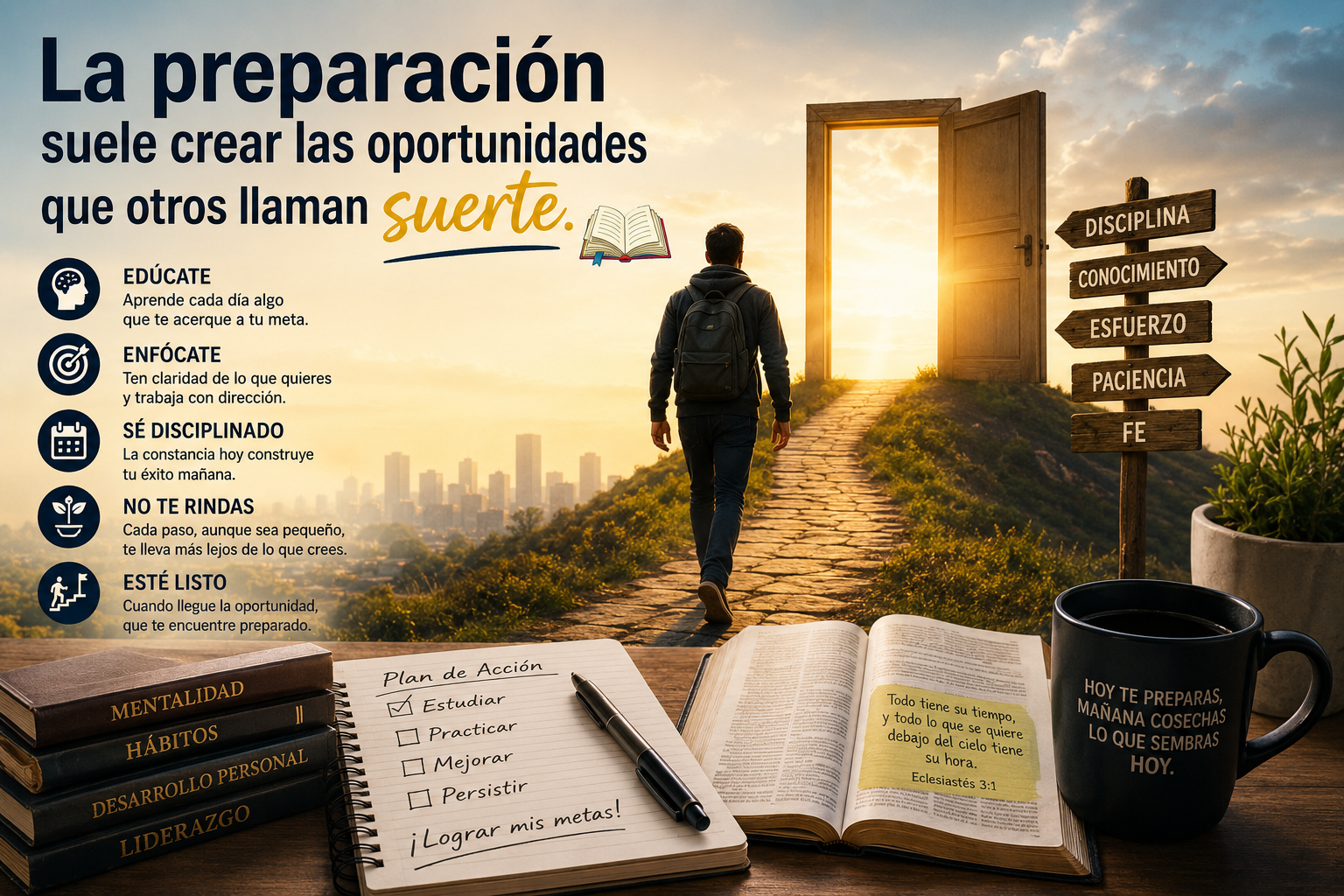 Persona caminando hacia una puerta iluminada que representa las oportunidades creadas por la preparación, la disciplina y la constancia.