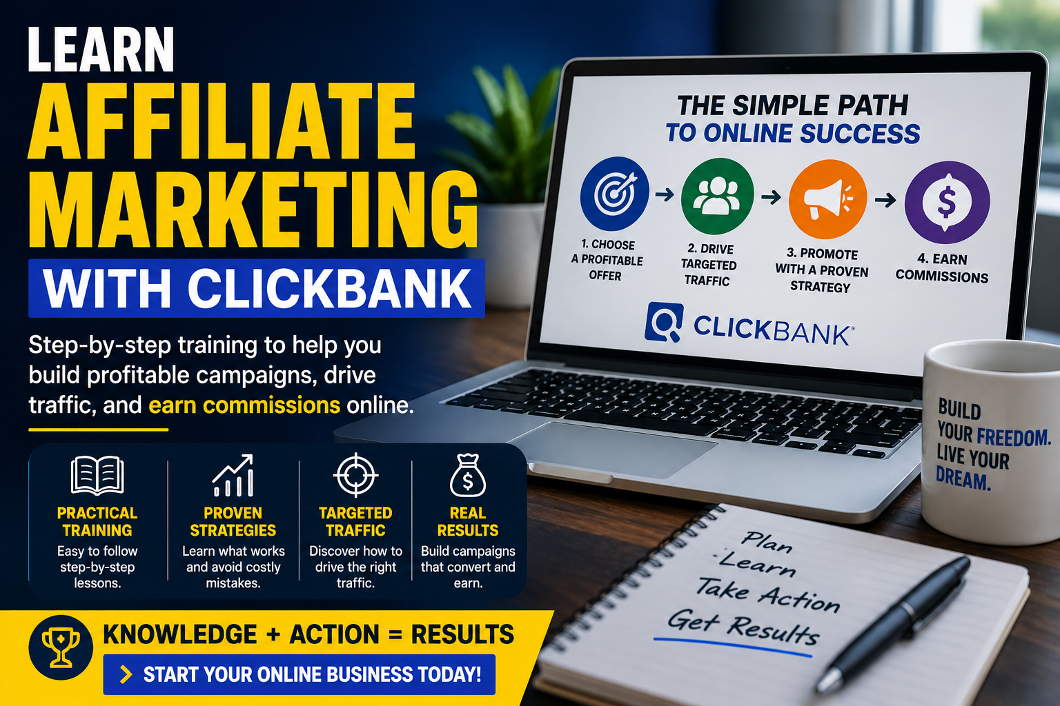 Professional affiliate marketing banner showing a laptop with ClickBank campaign steps, bold text, digital marketing icons, and a call to start learning affiliate marketing online.