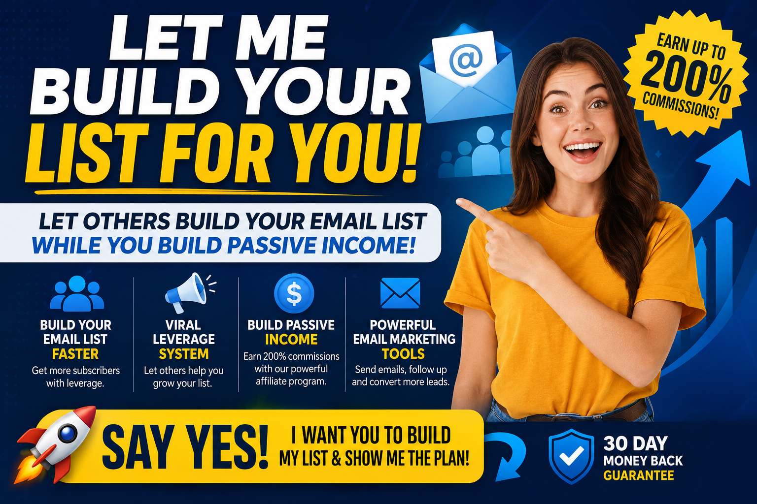 A bold digital marketing banner with a smiling woman pointing toward an email icon, promoting a system that helps users build their email list, use viral leverage, and create passive income opportunities.