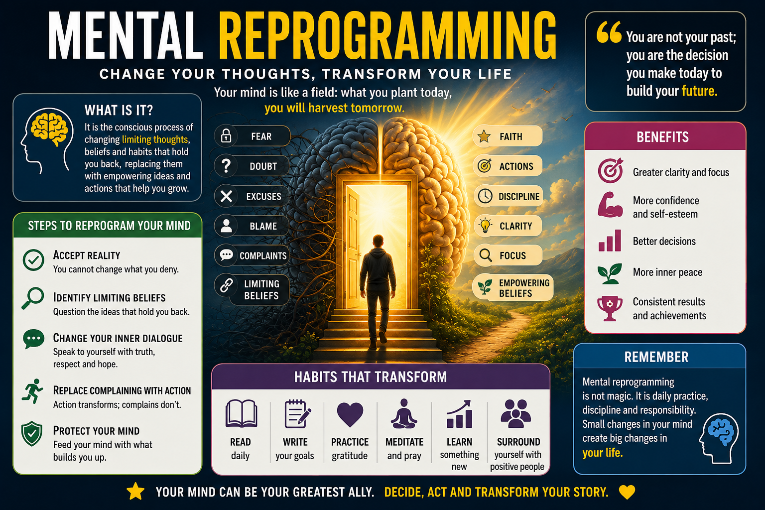 English infographic about mental reprogramming featuring a glowing brain, a doorway of transformation, steps to replace limiting beliefs, and positive habits for personal growth.