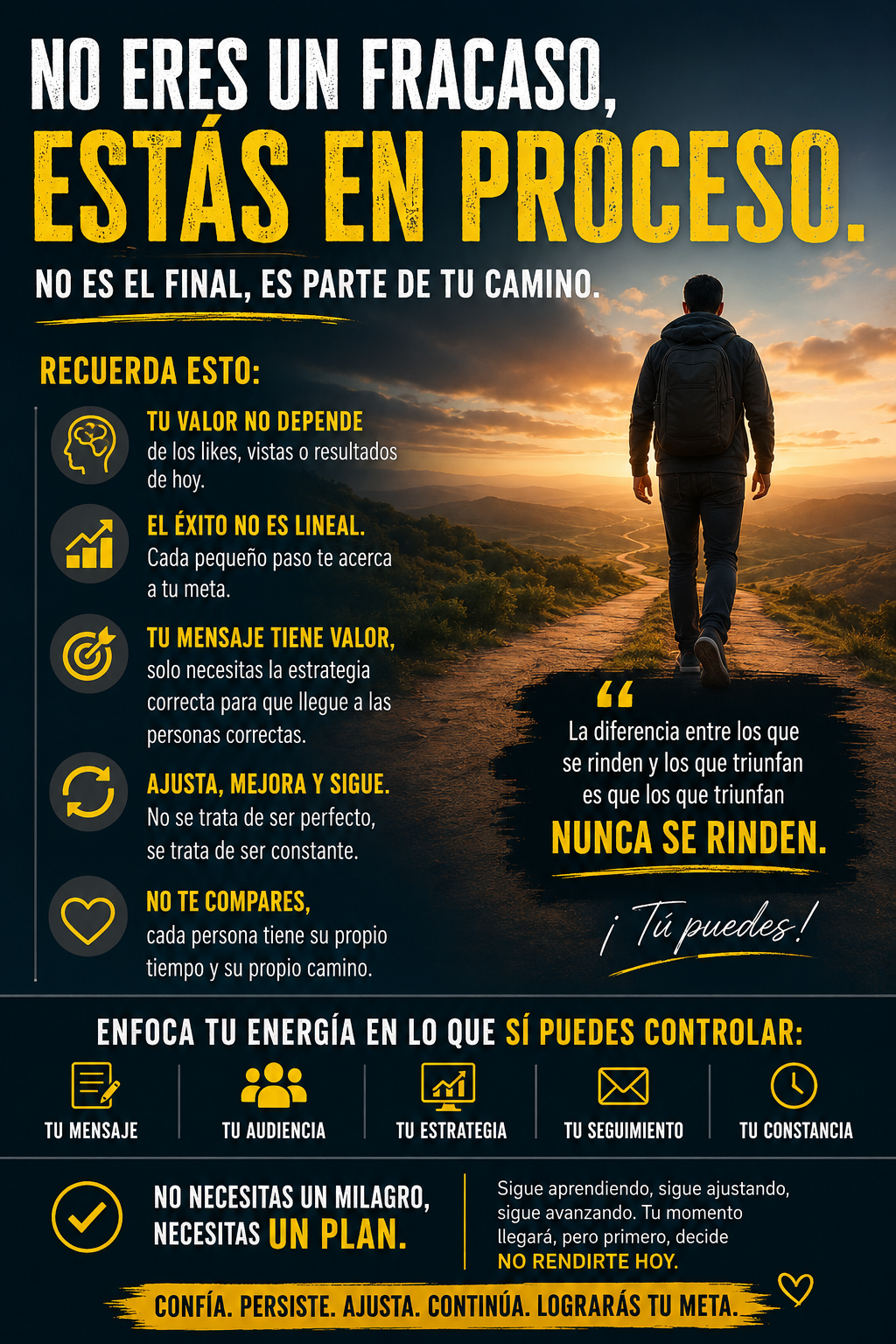 Imagen motivacional en español con una persona caminando hacia un amanecer, acompañada de frases inspiradoras sobre perseverancia, estrategia, constancia y crecimiento personal en marketing digital.