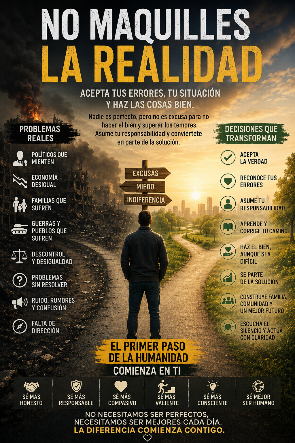 Imagen motivacional en español que muestra a una persona frente a dos caminos: uno oscuro lleno de excusas y problemas, y otro iluminado por la verdad, la responsabilidad y la transformación personal.