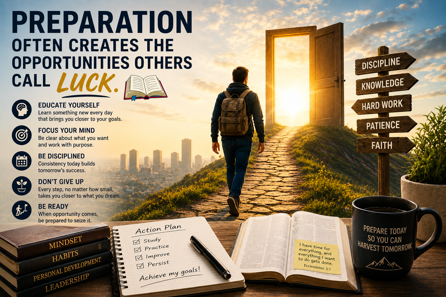A person walking toward a glowing open door symbolizing opportunities created through preparation, discipline, and consistency.