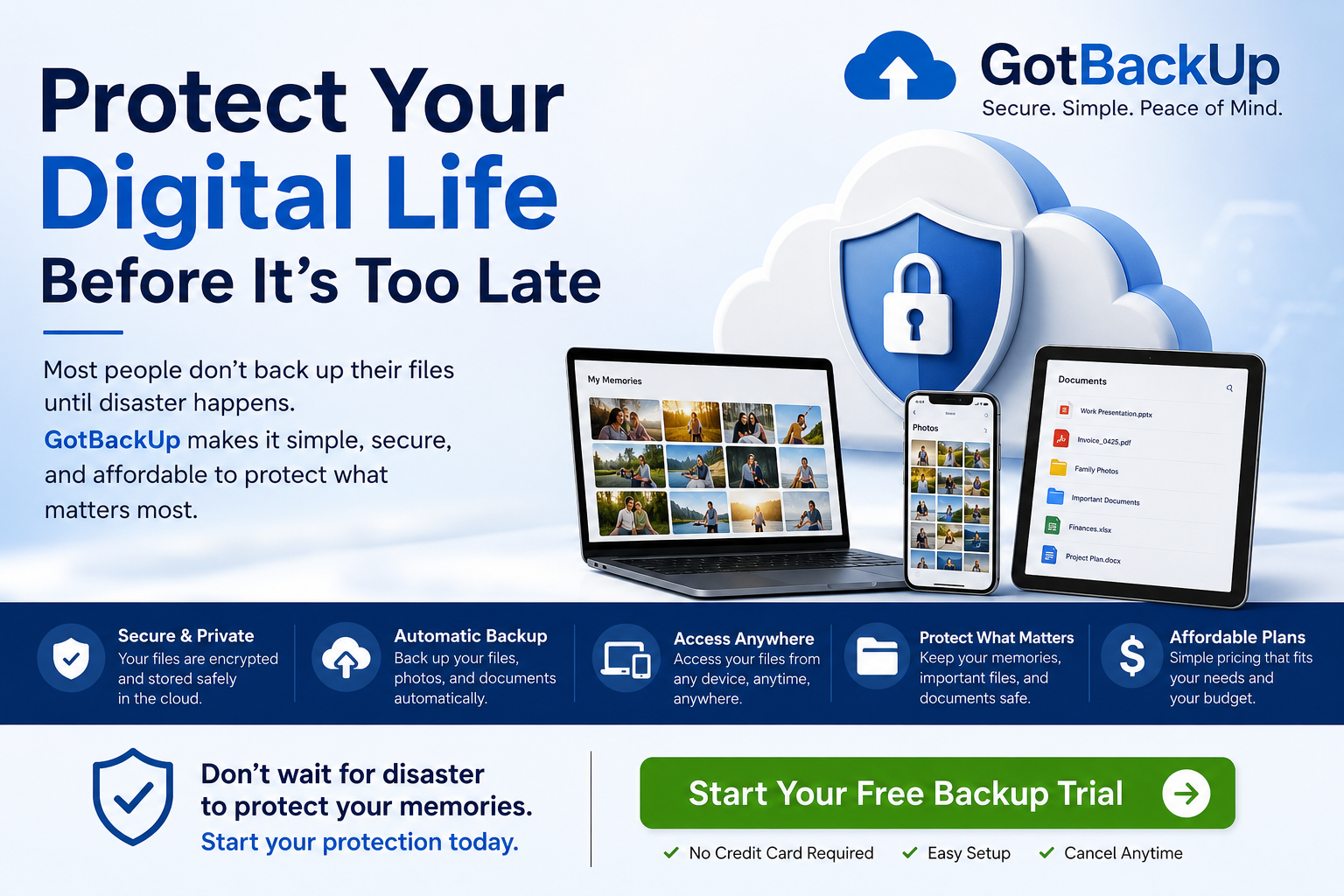 A professional cloud backup marketing banner showing laptops, phones, tablets, a secure cloud icon, and the message “Protect Your Digital Life Before It’s Too Late” for GotBackUp.