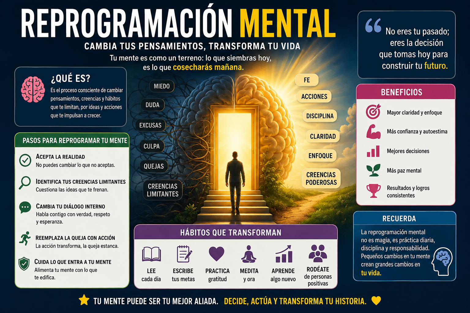 Infografía en español sobre reprogramación mental con un cerebro iluminado, una puerta de transformación, pasos para cambiar creencias limitantes y hábitos positivos para renovar la mente.
