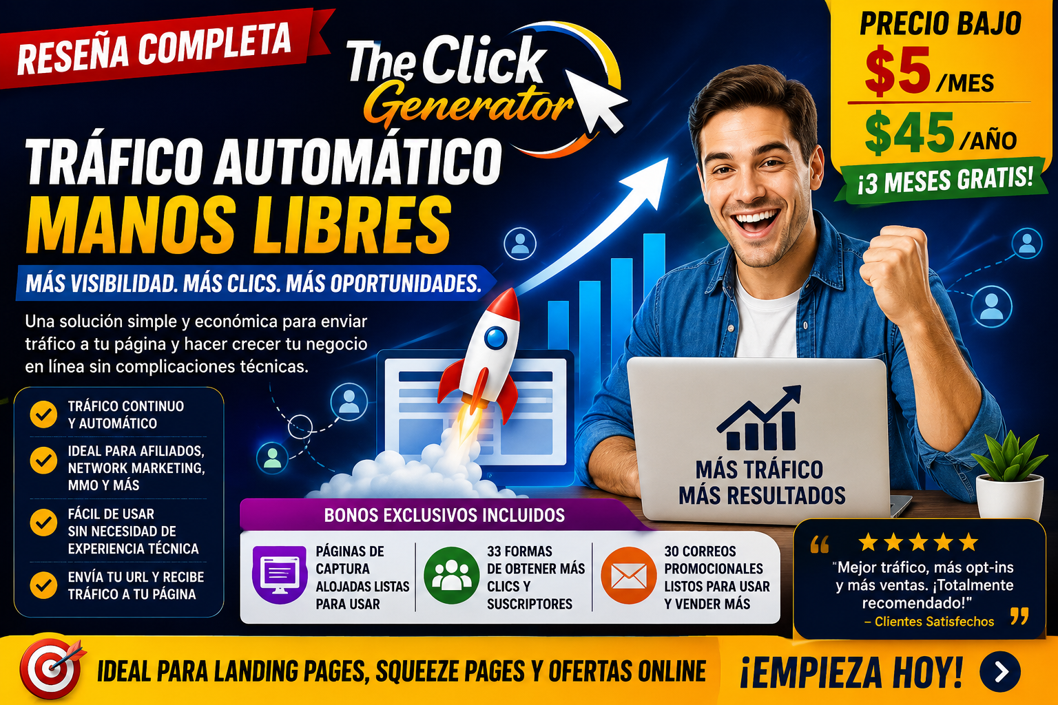 Imagen promocional en español sobre The Click Generator que destaca tráfico automático, manos libres, bajo costo, bonos exclusivos y una solución simple para generar más visibilidad, clics y oportunidades online.