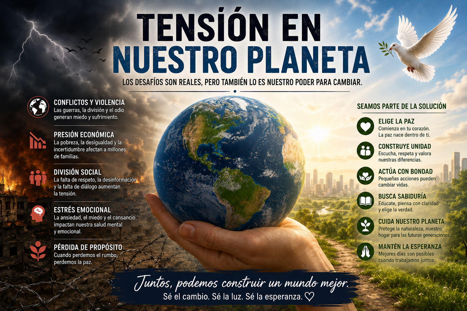 Imagen inspiradora que muestra la Tierra sostenida por manos humanas, con un lado oscuro representando conflictos, presión económica, división social y estrés emocional, y un lado luminoso simbolizando paz, unidad, bondad, sabiduría y esperanza.
