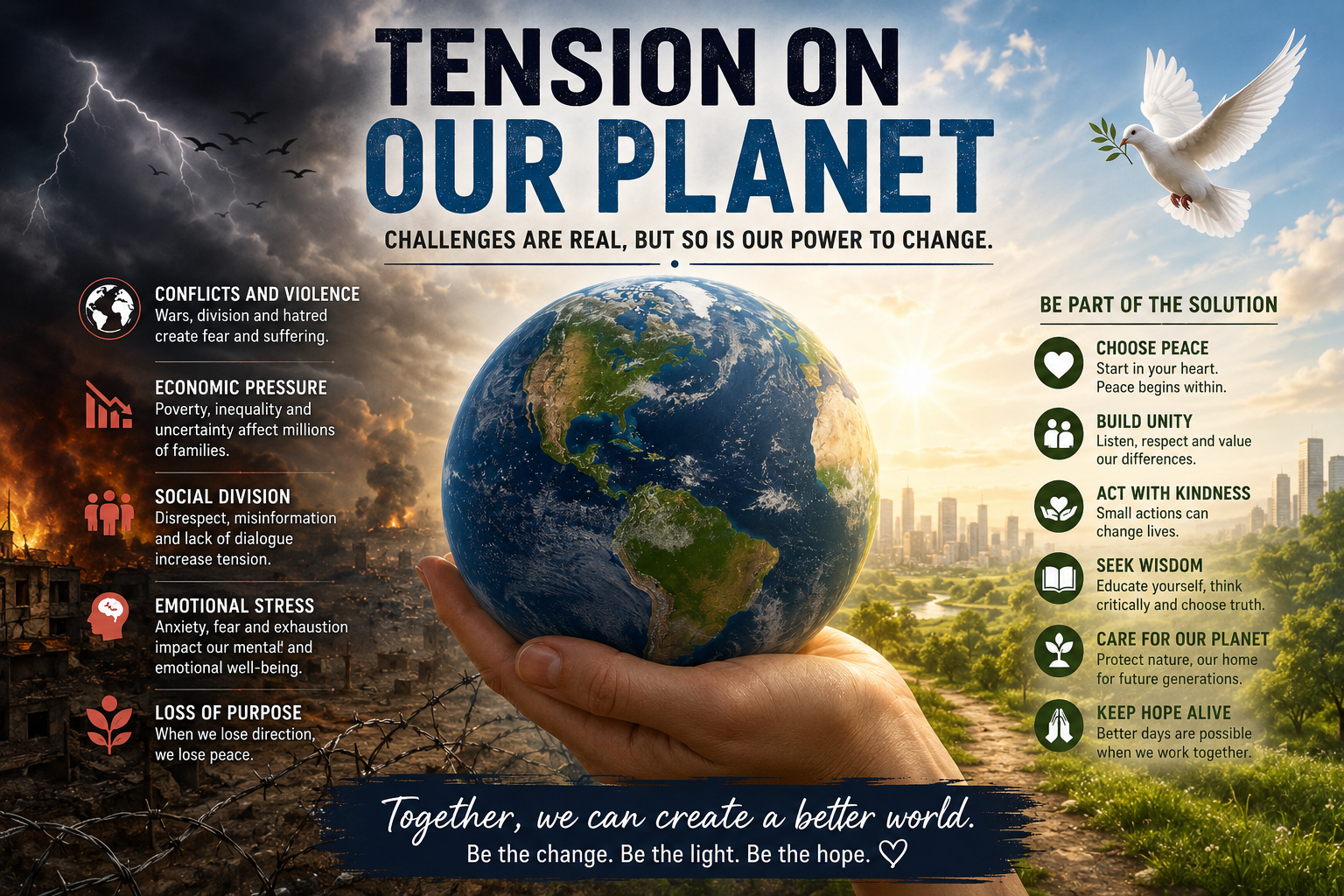 Inspirational image showing the Earth held by human hands, with a dark side representing conflict, economic pressure, social division, and emotional stress, and a bright side symbolizing peace, unity, kindness, wisdom, and hope.
