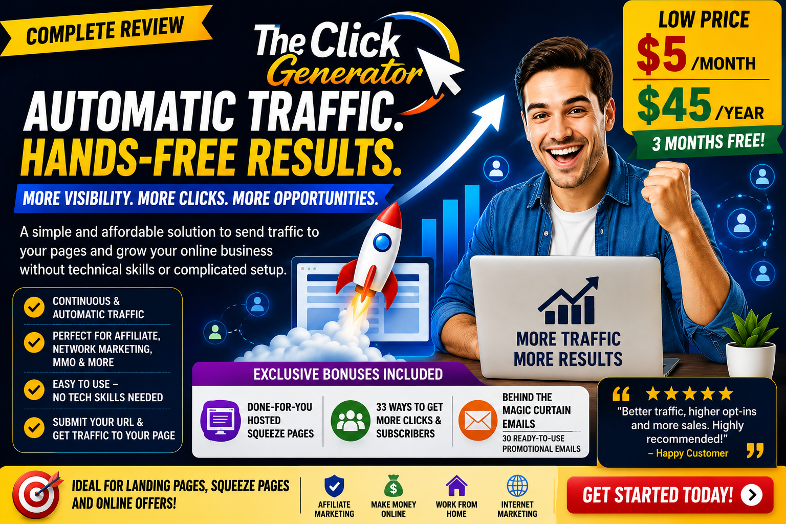 English promotional image for The Click Generator highlighting automatic traffic, hands-free results, low pricing, exclusive bonuses, and a simple way to generate more visibility, clicks, and online opportunities.