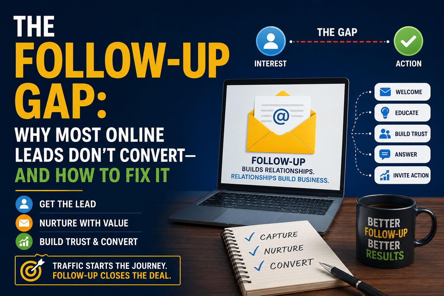 Professional marketing infographic showing the journey from online lead interest to action through email follow-up, education, trust-building, and conversion.