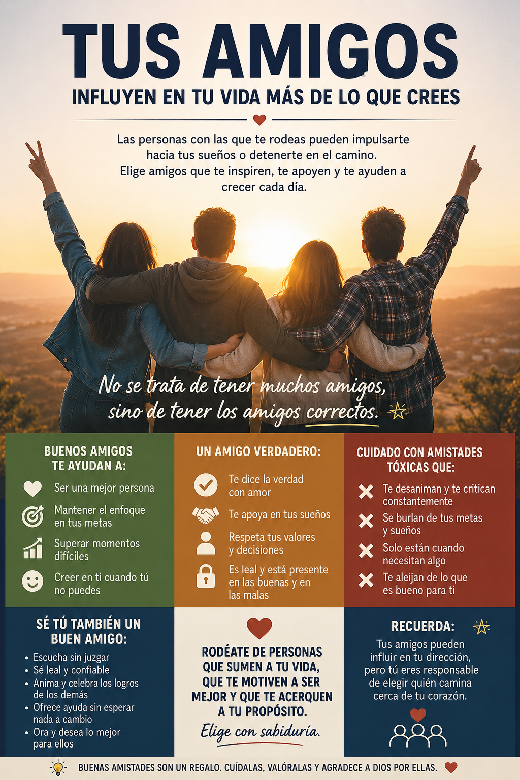 Grupo de amigos abrazados observando un atardecer, con un mensaje motivacional sobre elegir amistades positivas que apoyan, inspiran y ayudan a crecer.