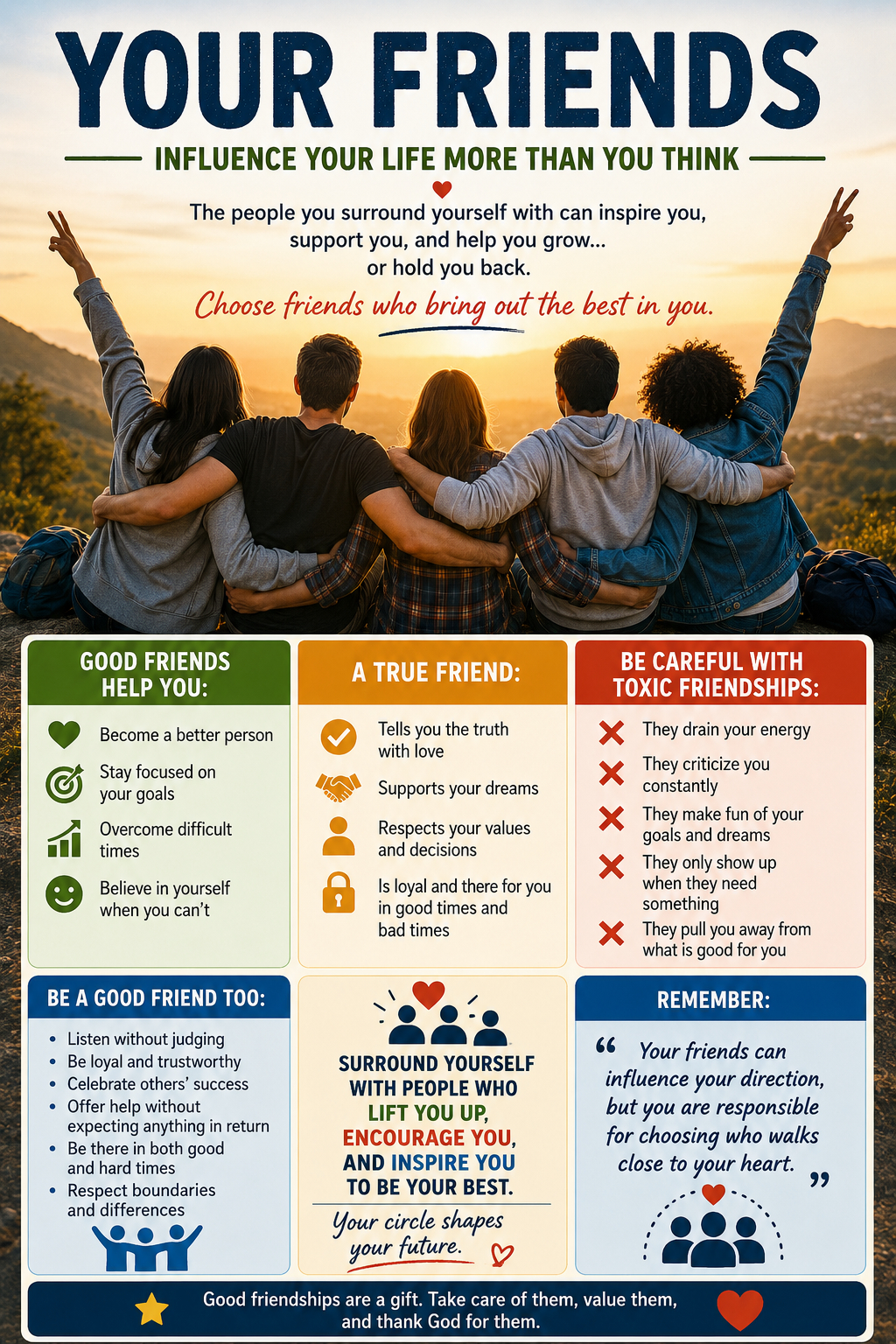 Group of friends embracing while watching a sunset, with a motivational message about choosing positive friendships that support, inspire, and help you grow.
