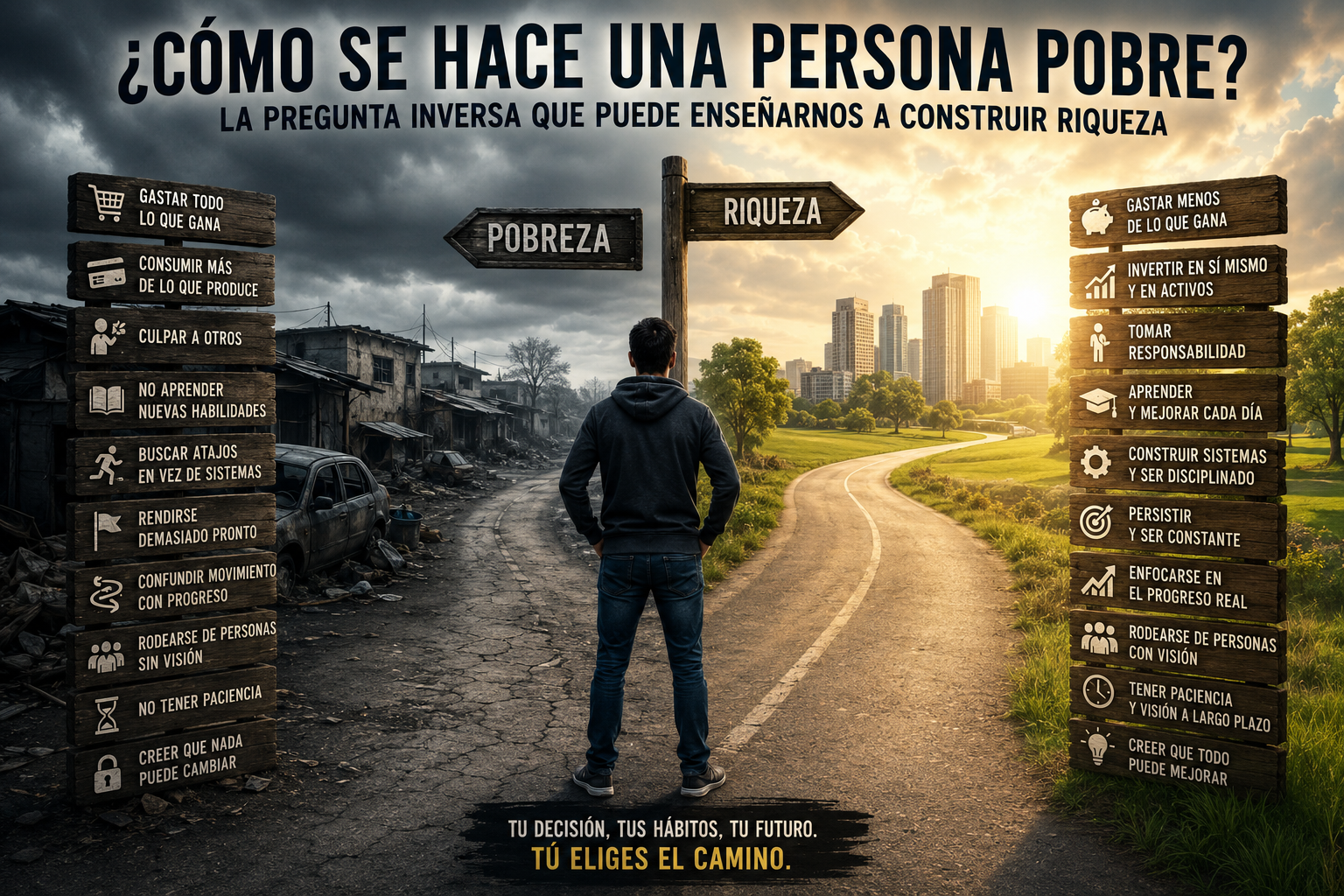 Persona reflexionando frente a dos caminos, uno representando malos hábitos financieros y otro representando disciplina, aprendizaje y construcción de riqueza.