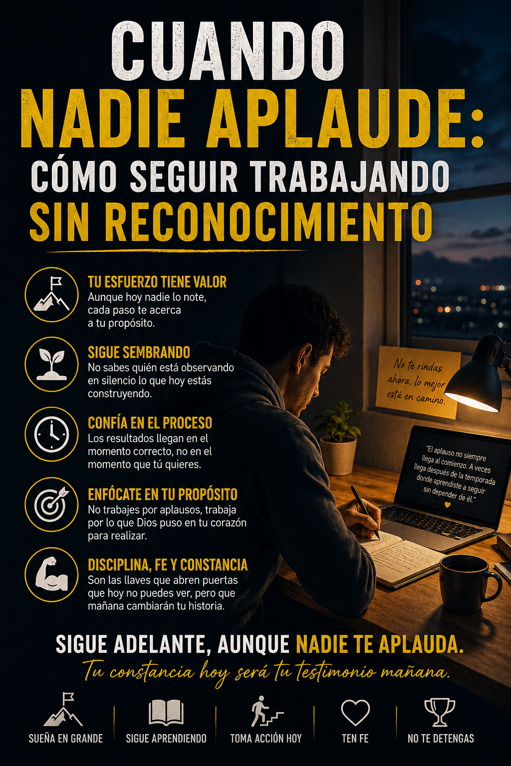 Persona trabajando en silencio de noche con una luz encendida, simbolizando constancia, fe y disciplina sin reconocimiento visible.