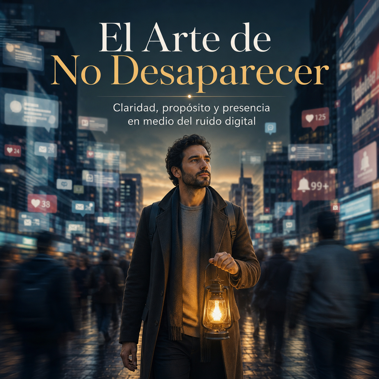 Persona caminando con una luz en medio de una ciudad llena de pantallas y ruido digital, simbolizando claridad, presencia y propósito.